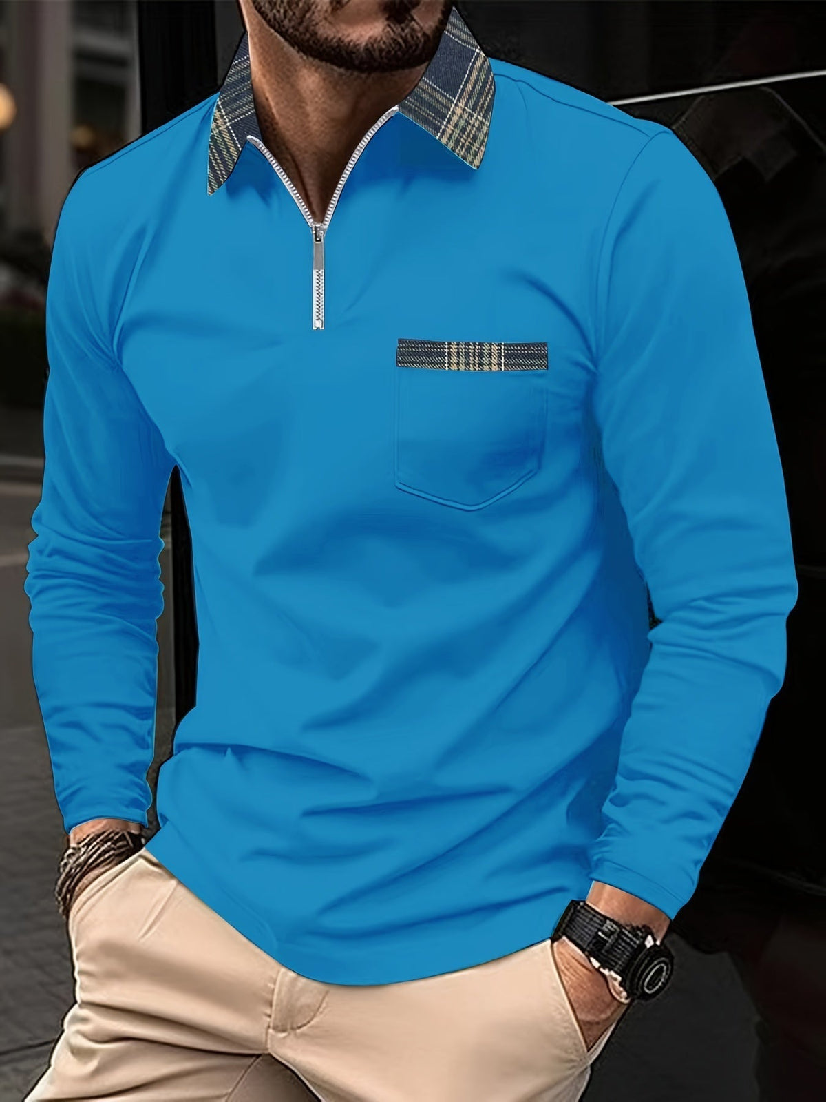 Men's Checkered Long Sleeve Polo Shirt | Casual Zip Neck Top