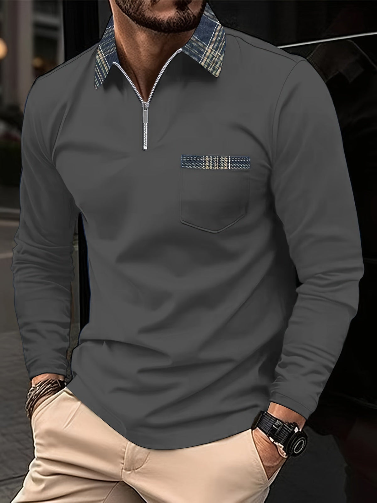 Men's Checkered Long Sleeve Polo Shirt | Casual Zip Neck Top