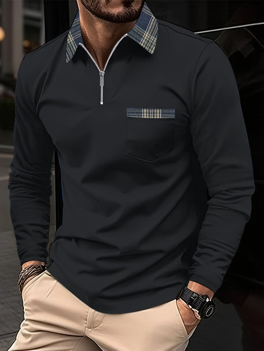 Men's Checkered Long Sleeve Polo Shirt | Casual Zip Neck Top