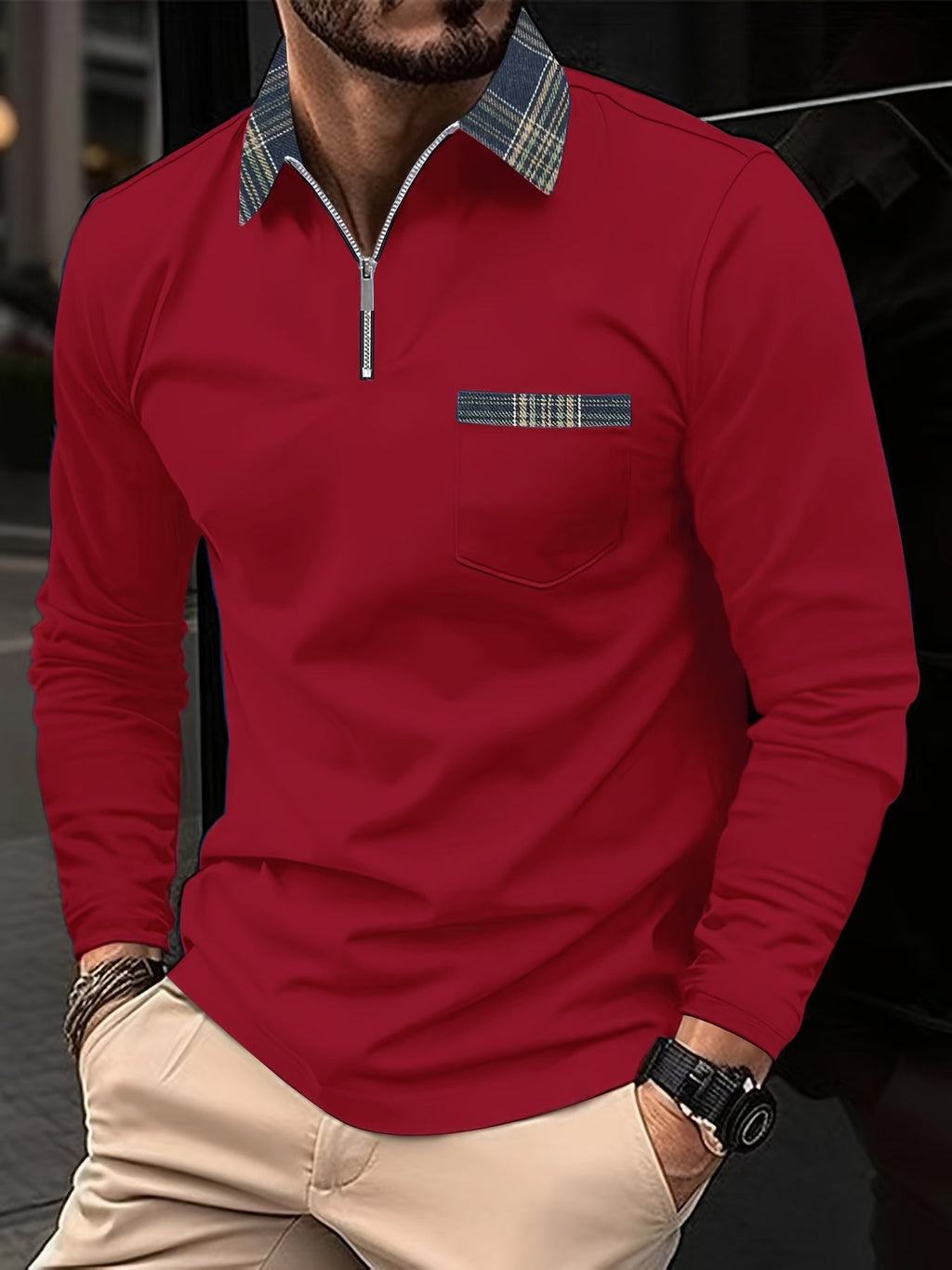 Men's Checkered Long Sleeve Polo Shirt | Casual Zip Neck Top