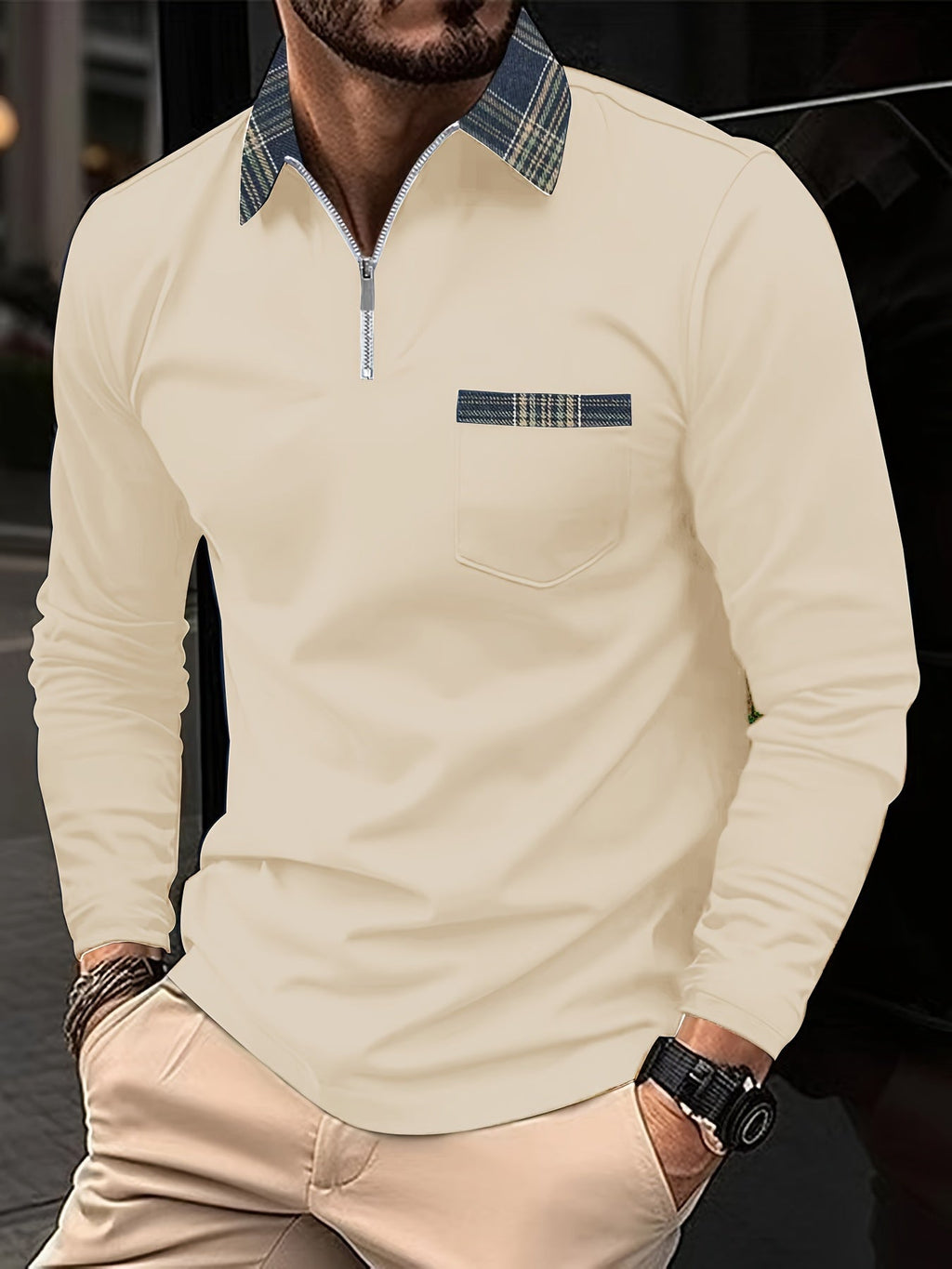 Men's Checkered Long Sleeve Polo Shirt | Casual Zip Neck Top