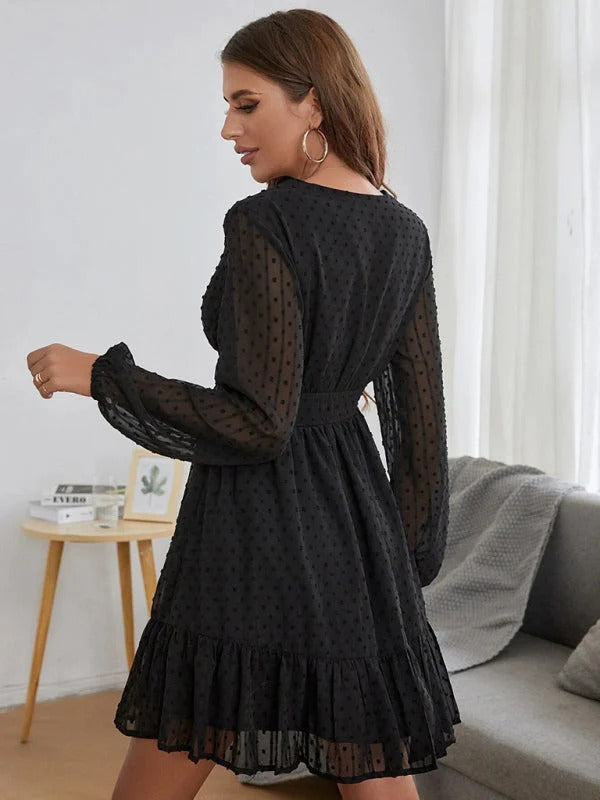 Women's Polka Dot Fit and Flare Dress | Elegant Long Sleeve Casual Midi